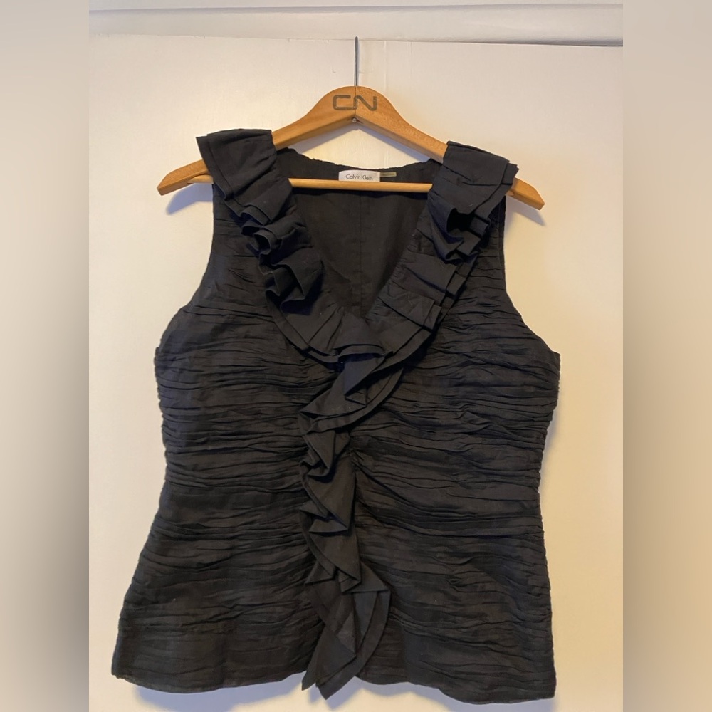 Calvin Klein Pleated Sleeveless Black Ruffle Blouse - So Chic!